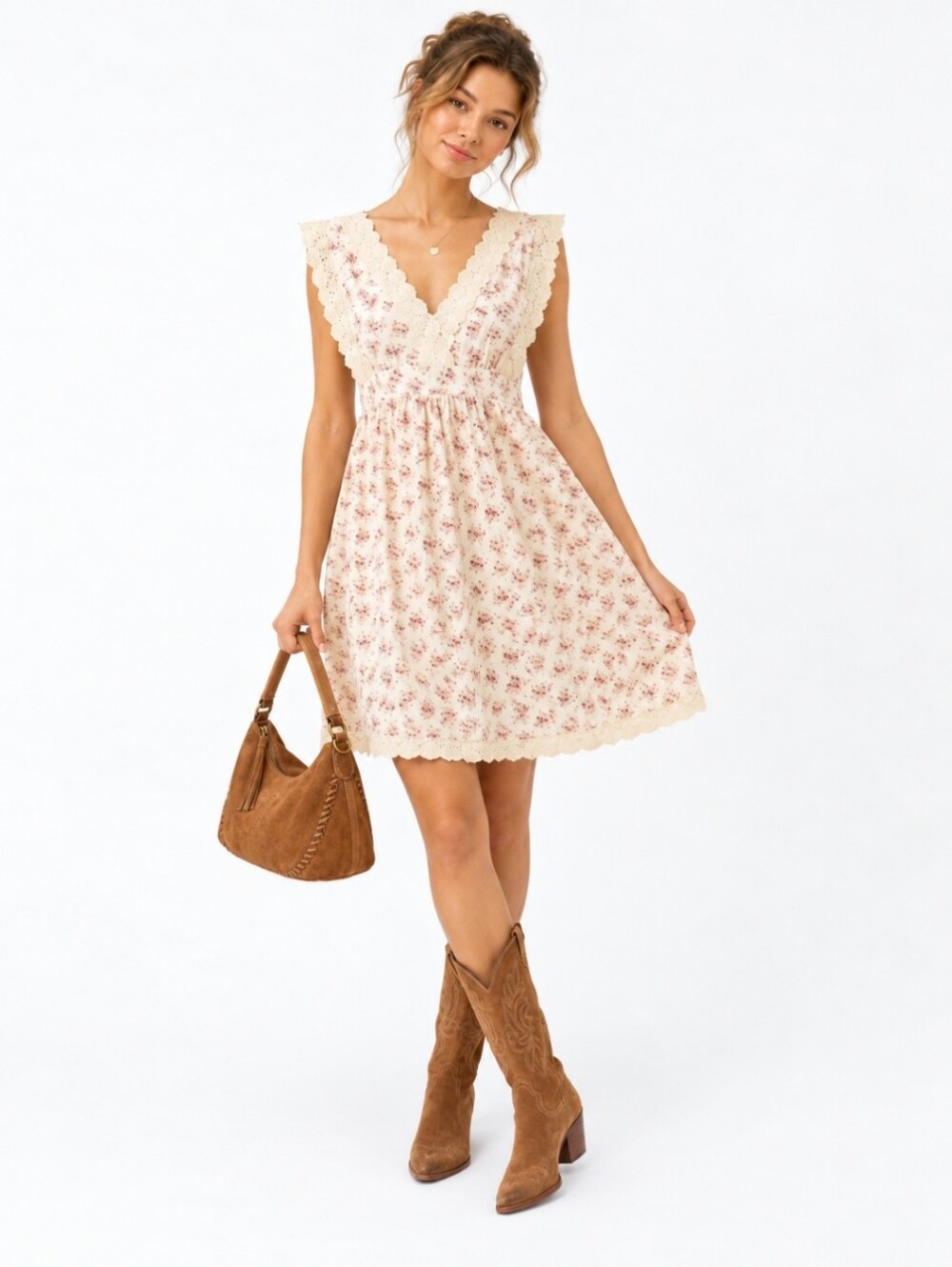 Maeve Cottagecore Floral Cotton Dress Lace Trim Pockets Prairie Coquette Size S